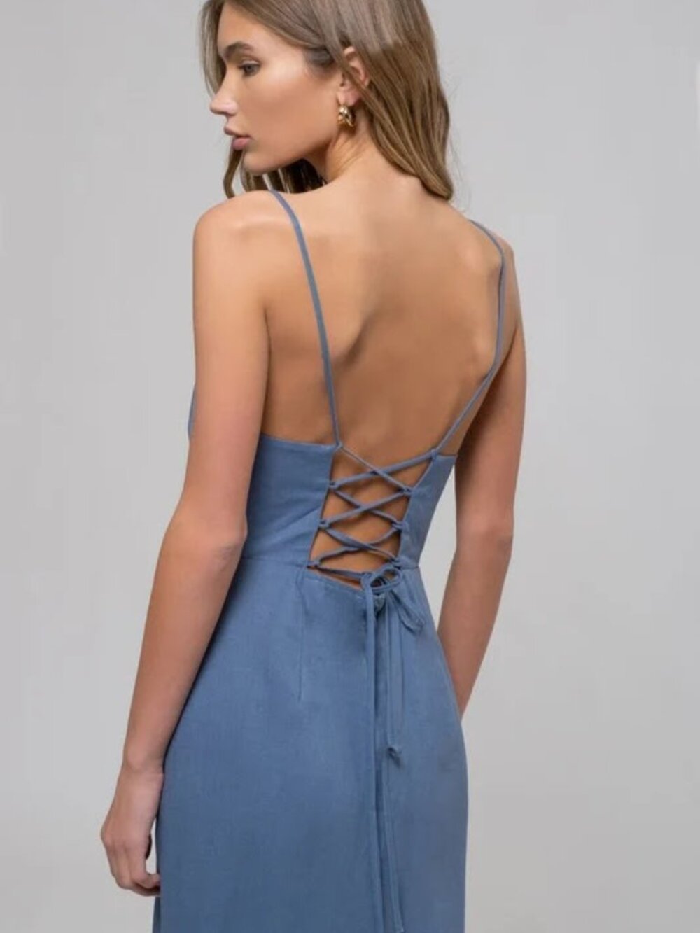 Altar'd State Slate Blue Lace-Up Back Linen Midi Dress - Picture 2 of 8